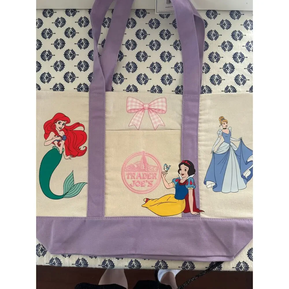 Disney Princess Custom Made Trader Joes Large Purple Tote Belle, Ariel, Rapunzel